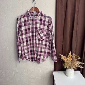 Eddie Bauer Women’s XL Purple Pink Plaid Button Up Shirt Long Sleeve Raw Hem